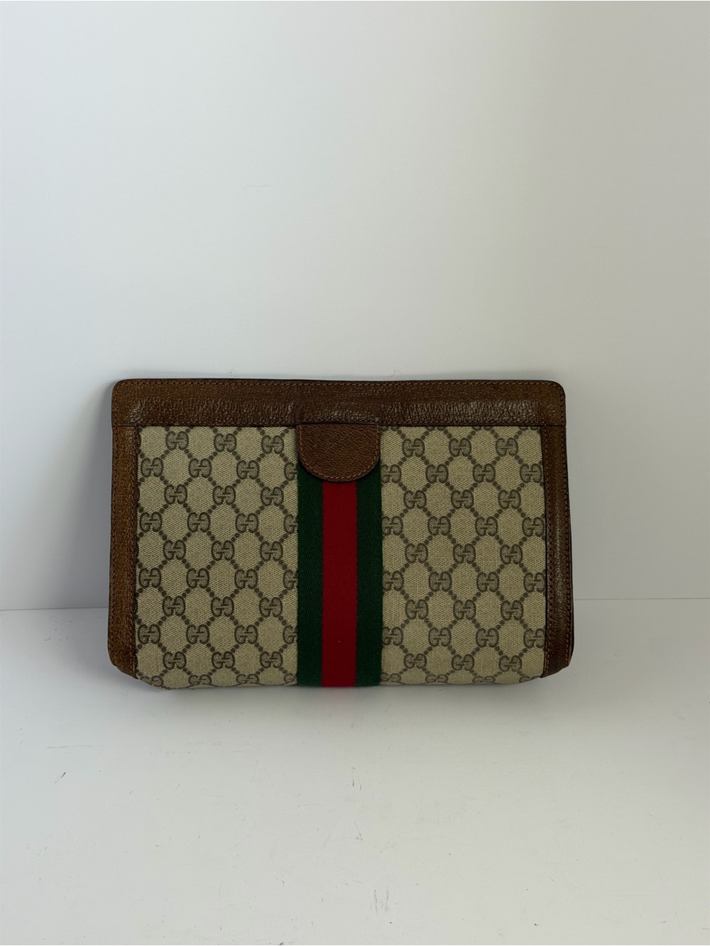 Vintage Gucci GG Monogram Clutch with a Red and Green Web Stripe
